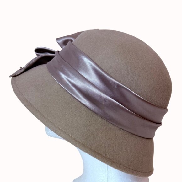 August Accessories Wool Cloche Hat Taupe Luxe Satin Sequin Beaded Bow Church - Picture 6 of 14